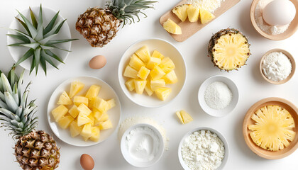 Wall Mural - Board with tasty pineapple cake and ingredients isolated on white, top view