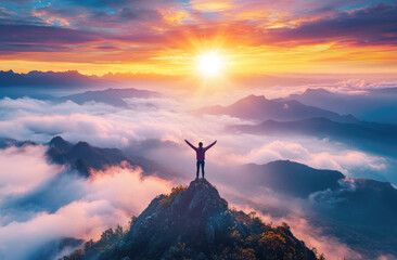 Wall Mural - A person standing on top of the mountain with their arms raised, overlooking vast mountains and clouds at sunrise