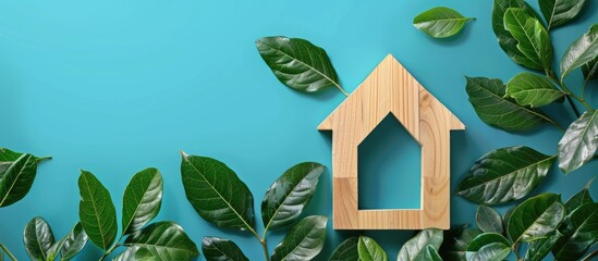 Aufkleber - Investment in sustainable eco friendly and green home living concepts Model of a wooden house with growing leaves set against a blue background. with copy space image. Place for adding text or design