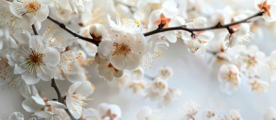 Fototapete - Branch adorned with lovely white apricot blossoms against a white natural background Spring image featuring copyspace