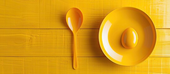 Poster - A plate and yellow plastic spoon are positioned on a white wood background providing copy space for your design