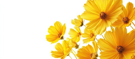 Wall Mural - Close up view of yellow flowers set against a white background. with copy space image. Place for adding text or design