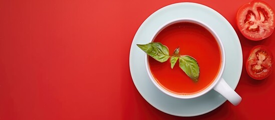 Fototapete - Red tomato soup with vegetables vegetarian dish without meat as the first course Top view Food background Copy space