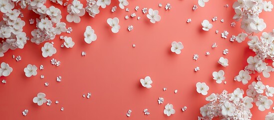 Aufkleber - White spring flowers on a coral pastel background viewed from above with copyspace Floral design pattern
