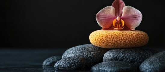 Poster - Indulging in a Turkish bath and sensual experiences A natural sponge and wooden facial dry brush for detox and wellness set atop pure orchids and zen pebbles copyspace