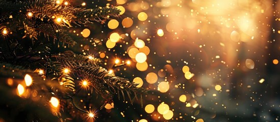Poster - Sparks from burning bengal lights against the backdrop of a Christmas tree in a dimly lit room A festive atmosphere New Year s or Christmas theme Winter holiday concept Copy space Area for text