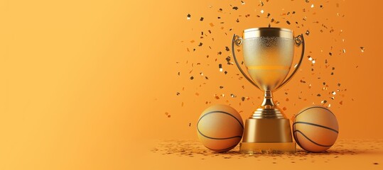 Gold championship trophy and basketball trophy on orange background and gold confetti, sports banner with copy space. Winner trophy on festive background. Basketball final, gold 3d first place award.