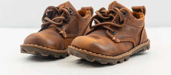 A pair of vintage leather shoes for children against a light white background. with copy space image. Place for adding text or design