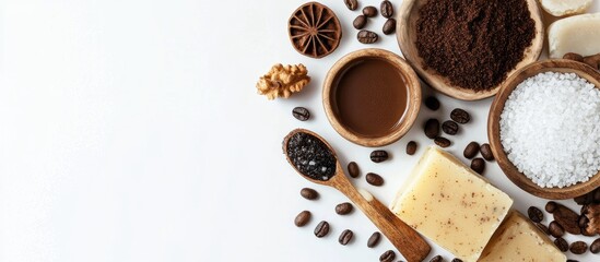 Aufkleber - Natural Coffee cosmetic on a white background Scrub soap sea salt and coffee Spa and body care concept Flat lay image with copyspace