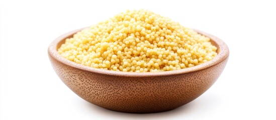 Poster - Raw organic couscous in a bowl on a white background with copy space