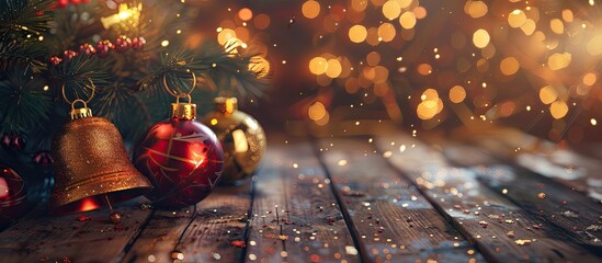 Christmas bells on a brown wooden surface with copy space