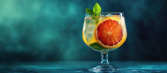 Fototapete - Citrus cocktail with mint served in a glass goblet A variety of beverages Idea for drinks summer warmth alcohol parties and bars. with copy space image. Place for adding text or design