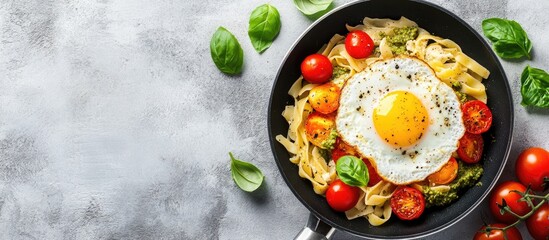 Poster - Italian pasta with pesto sauce a fried egg roasted tomatoes and basil in a vintage frying pan on a grey concrete texture background top view copyspace Slow food concept