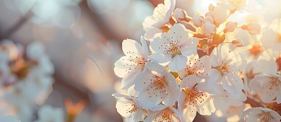 Poster - Bee on a white cherry blossom flower White flowers are blooming on the trees Spring scenery featuring a blooming sakura tree Beautiful garden in full bloom on a sunny day Copy space for text