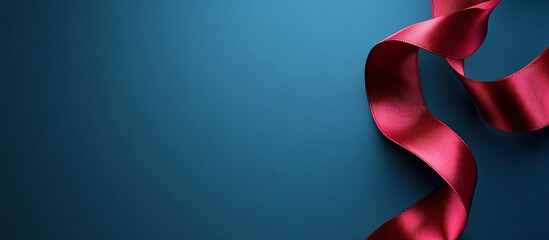 Fototapete - Red ribbon curl on a blue background A suitable option for a holiday card or text background such as a computer wallpaper or phone screensaver. with copy space image. Place for adding text or design