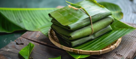 Aufkleber - Banana leaves can serve as wrappers for both desserts and savory dishes Set against a white background. with copy space image. Place for adding text or design