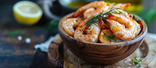 Aufkleber - Raw shrimp in a wooden bowl with a glass jug of olive oil lemon and fresh dill resting on a light cotton napkin on the table Copyspace vertical