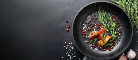 Leinwandbilder - Rosemary pepper and garlic atop the pan lid copy space
