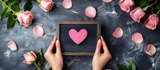 Poster - Pink roses small chalkboards a hand making a Korean finger heart and a gift box on a stone background top view with copyspace