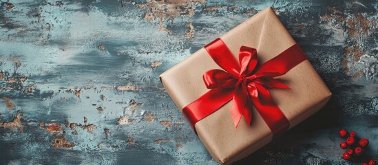 Poster - Gift box wrapped in recycled eco paper with a red satin ribbon on a gray wooden vintage table Mock up gift boxes and decorative ribbon Background for your design Holiday theme Vintage style
