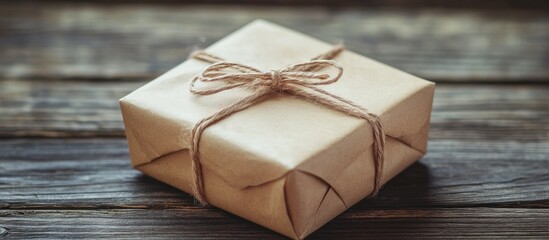 Poster - Vintage gift box package with an address card set against an old wooden background. with copy space image. Place for adding text or design
