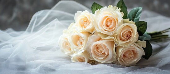 Aufkleber - Artificial white rose bouquet tulle on the table fabric rose texture fake rose arrangement romantic Valentine s wedding floral copy space