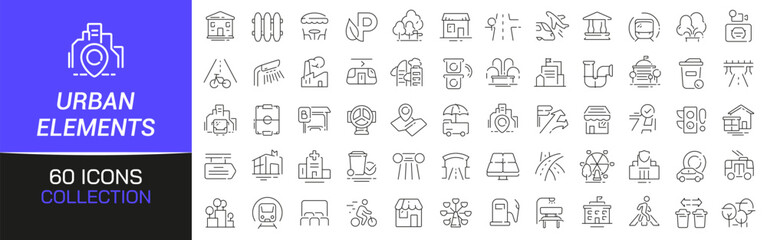 Poster - Urban elements line icons collection. Thin outline icons pack. UI icon collection. Set of line web pictogram