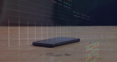Poster - Animation of financial data processing over smartphone on table