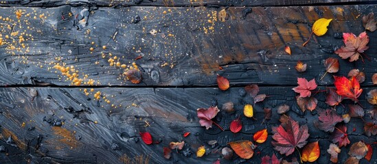 Aufkleber - Autumn leaves on a scorched old brown wooden surface Yellow and red leaf textures on brown wood from a top view with copyspace