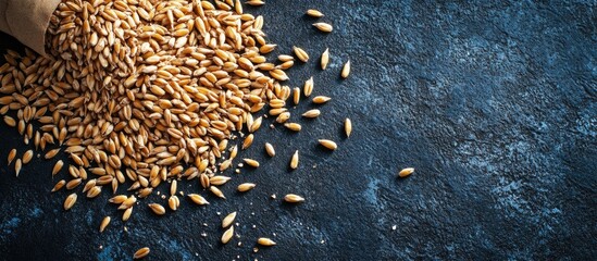 Poster - Sprouted wheat seeds on a dark metal surface Top view copy space natural lighting Horizontal arrangement Healthy vegetarian food