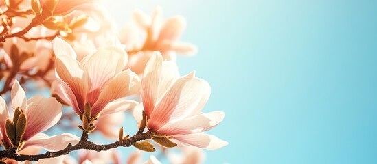 Fototapete - Blossoming magnolia branches in soft focus macro against a bright blue sky providing copy space A floral spring backdrop of nature Spring flowers Spring Background