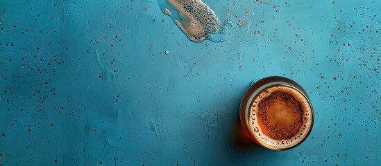 Poster - Top view of a brown glass beer bottle and a glass of beer set against a blue background in close up Food lifestyle Production of alcoholic beverages Copy space mockup Flat lay