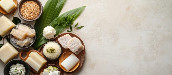 Poster - a selection of Konjac konnyaku well known Japanese dietary food. with copy space image. Place for adding text or design