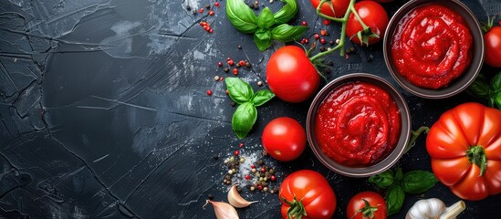 Poster - Organic ketchup in bowls fresh tomatoes and garlic on a black table flat lay with copyspace Tomato sauce