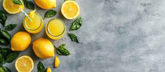 Poster - flat lay arrangement featuring detox lemonade and its ingredients on a grey background. with copy sp