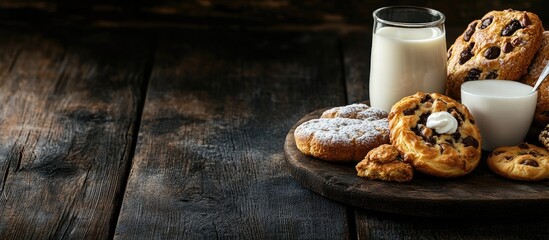 Leinwandbilder - Pastries on a dark wooden table accompanied by milk and a cookie in a bakery setting. with copy space image. Place for adding text or design