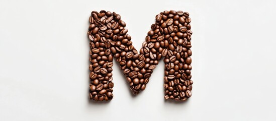 Aufkleber - The letter m formed from roasted coffee beans on a white background from a top view can be used for your messages. with copy space image. Place for adding text or design