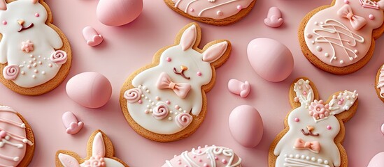 Aufkleber - Easter bunny Gingerbread shop Festive treats Traditional holiday festivities Sweet animal shaped cookie decorated with pink icing set against beige copy space