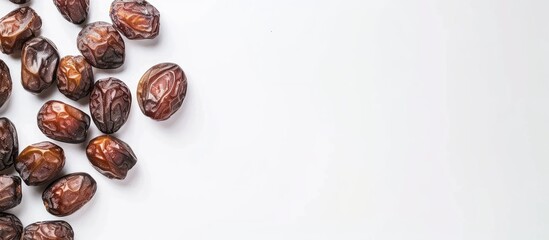 Fototapete - Dried date palm fruits or kurma are Ramadan Ramazan food on a white background Copy space for text Top view Isolated
