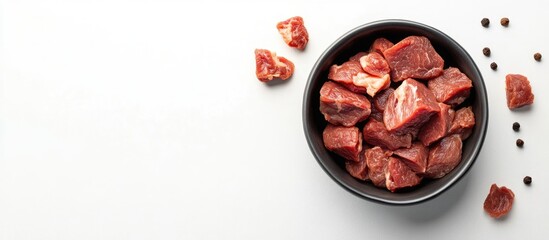 Poster - Dog food dry kibble and raw meat beside a toy and chewing bones on a white background top view copy space