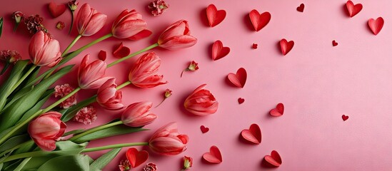 Canvas Print - Red tulip flowers with paper hearts on a pink background Concepts for Valentine s Day Women s Day and Mother s Day. with copy space image. Place for adding text or design