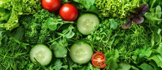 Poster - Healthy salad featuring a mix of greens including microgreens cucumber tomato onion and other ingredients Food background Copy space for text