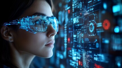 Futuristic Cybersecurity Analyst Working with AI Systems: A professional managing AI-driven cybersecurity protocols in a high-tech office.