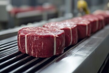 Raw Beef Steaks on a Metal Conveyor Belt