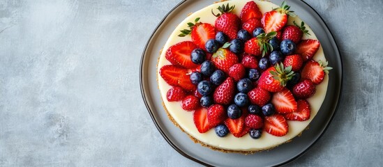 Aufkleber - Cheesecake topped with strawberries and blueberries on a concrete background or surface top view featuring copy space close up
