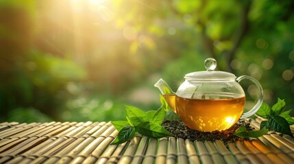 Warm cup of tea with teapot, green tea leaves on the wooden desk at morning in plantations with long banner background empty space for text