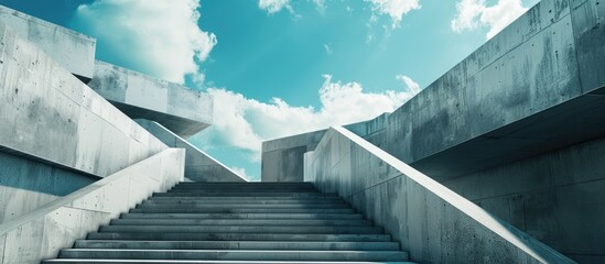 Wall Mural - A painted concrete structure resembling a zigzag or staircase stands against the sky with clouds appearing like steps at an intriguing angle. with copy space image. Place for adding text or design