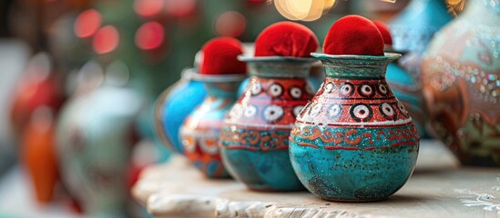 Poster - Studio shot of a colorful Egyptian pottery vase adorned with decorations topped with a Santa Claus red hat set against a white background alongside two shiny colored Christmas balls