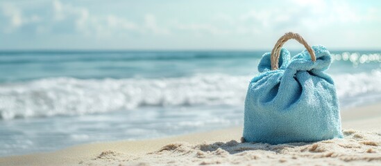 Poster - Soft blue towel in a beach bag on the sand by the sea space for text. with copy space image. Place for adding text or design