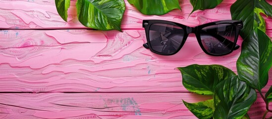 Poster - Summer abstract background mockup template free copy space for text pattern sample from a top view on a pink wooden board Blank area available for inscription A pair of stylish black sunglasses